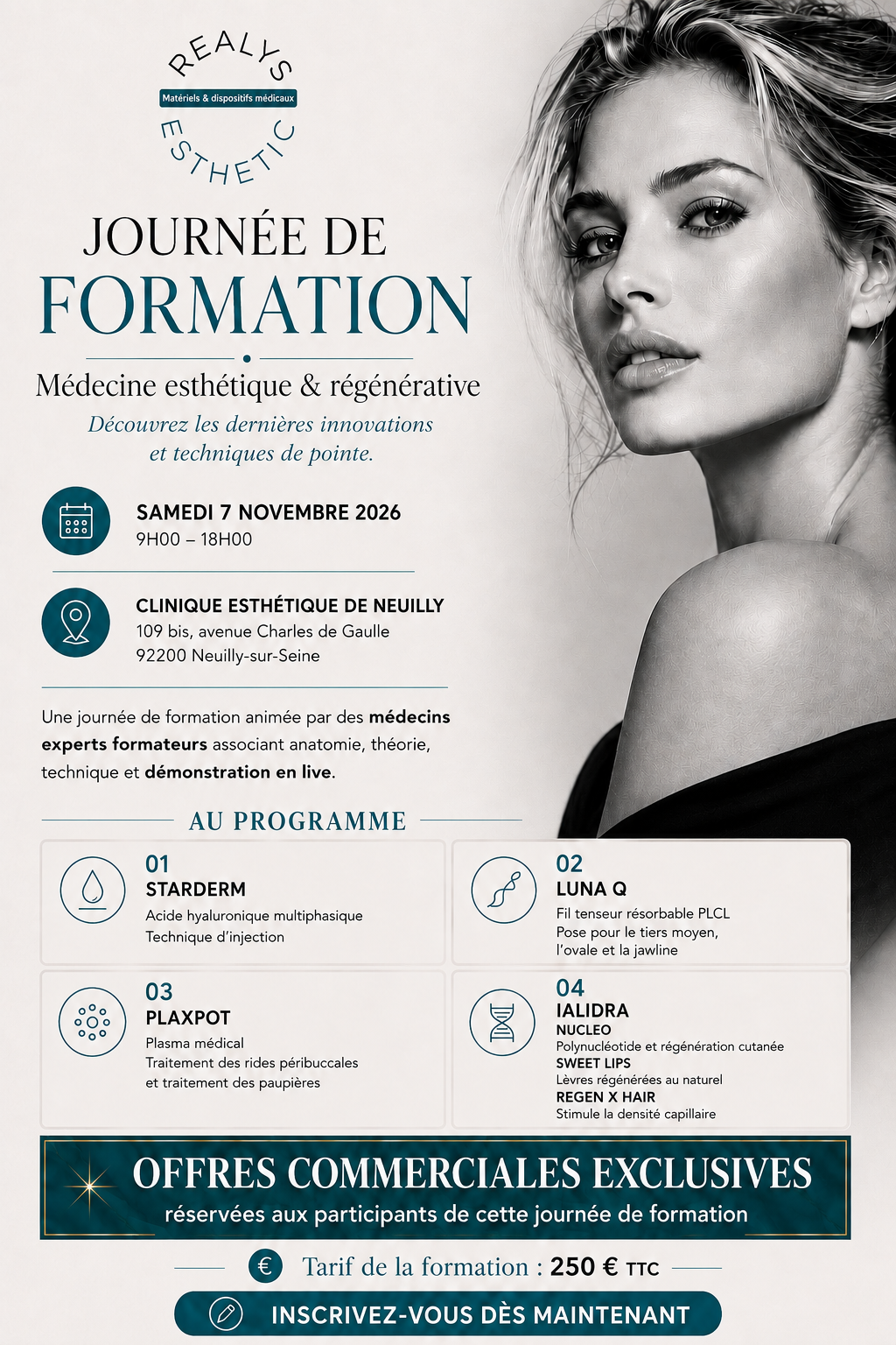 Journée de formation Réalys Esthetic – 7 novembre 2026 – Neuilly-sur-Seine Affiche de la journée de formation en médecine esthétique et régénérative Realys Esthetic du samedi 7 novembre 2026 à la Clinique Esthétique de Neuilly