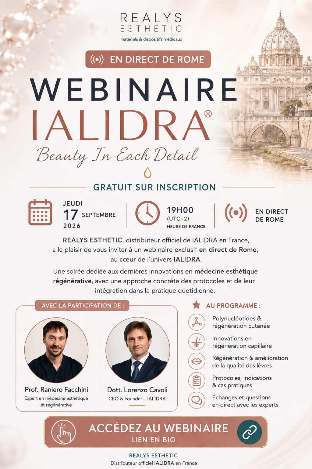 Webinaire IALIDRA en direct de Rome - jeudi 17 septembre 2026 Affiche du webinaire IALIDRA Realys Esthetic en direct de Rome le jeudi 17 septembre 2026 a 19h00